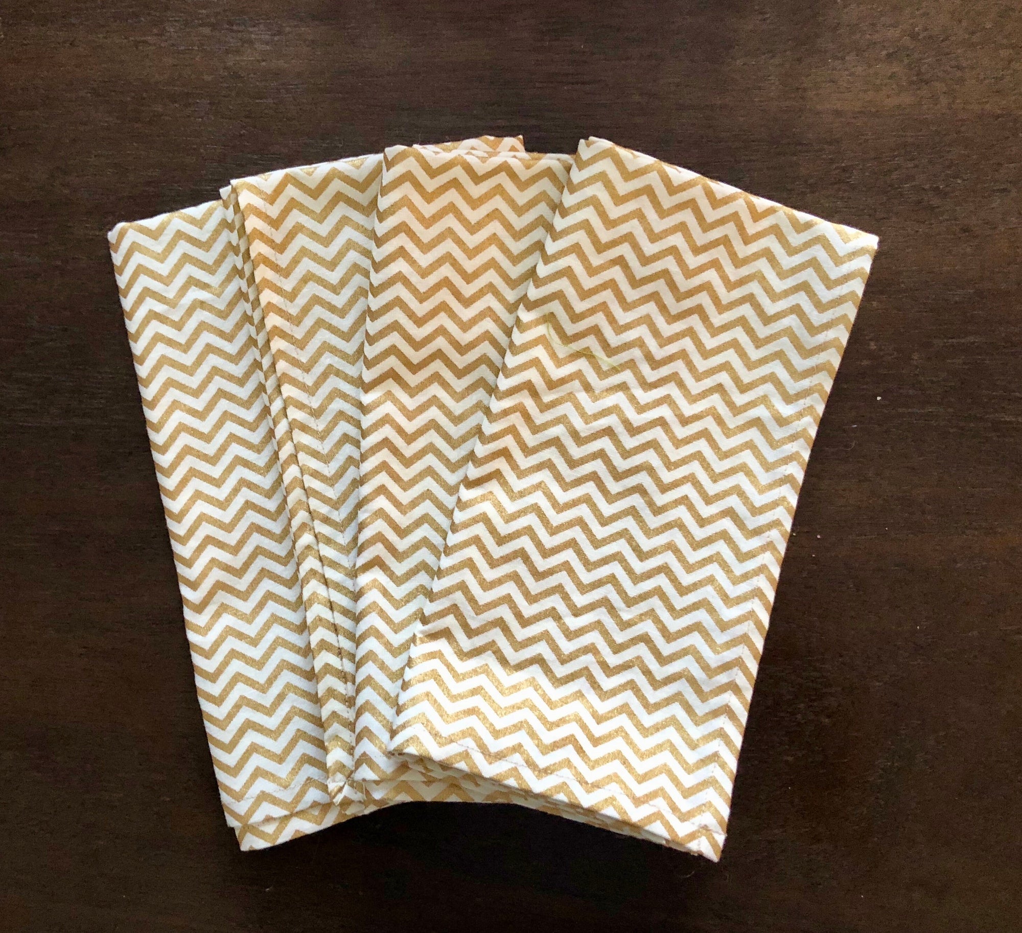 Holiday  Cloth Napkins  Gold with off white chevron print.   Eco-Friendly