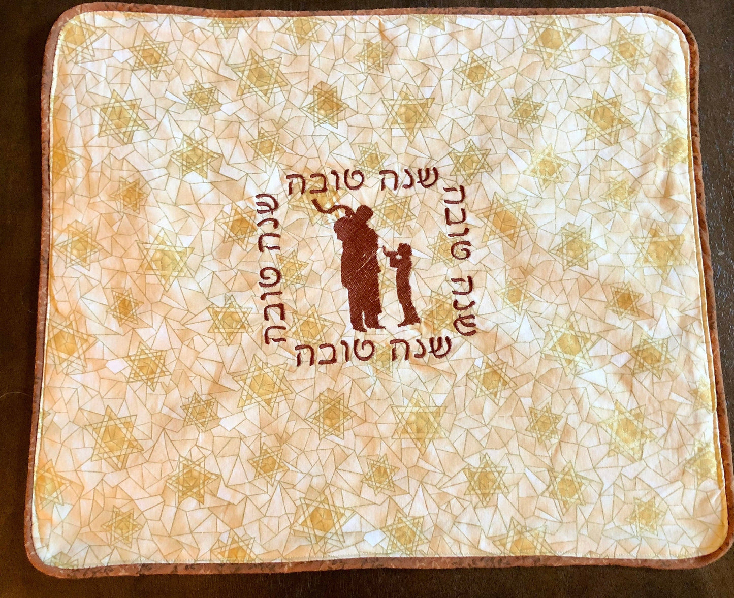 Challah cover for Rosh Hashanah and Shabbat Shofar blowing on gold Jewish stars OOAK