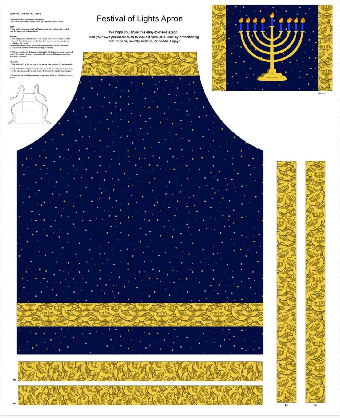 Hanukkah Chanukah Fabric Apron Panel Festival of Lights by Henry Glass 100% cotton