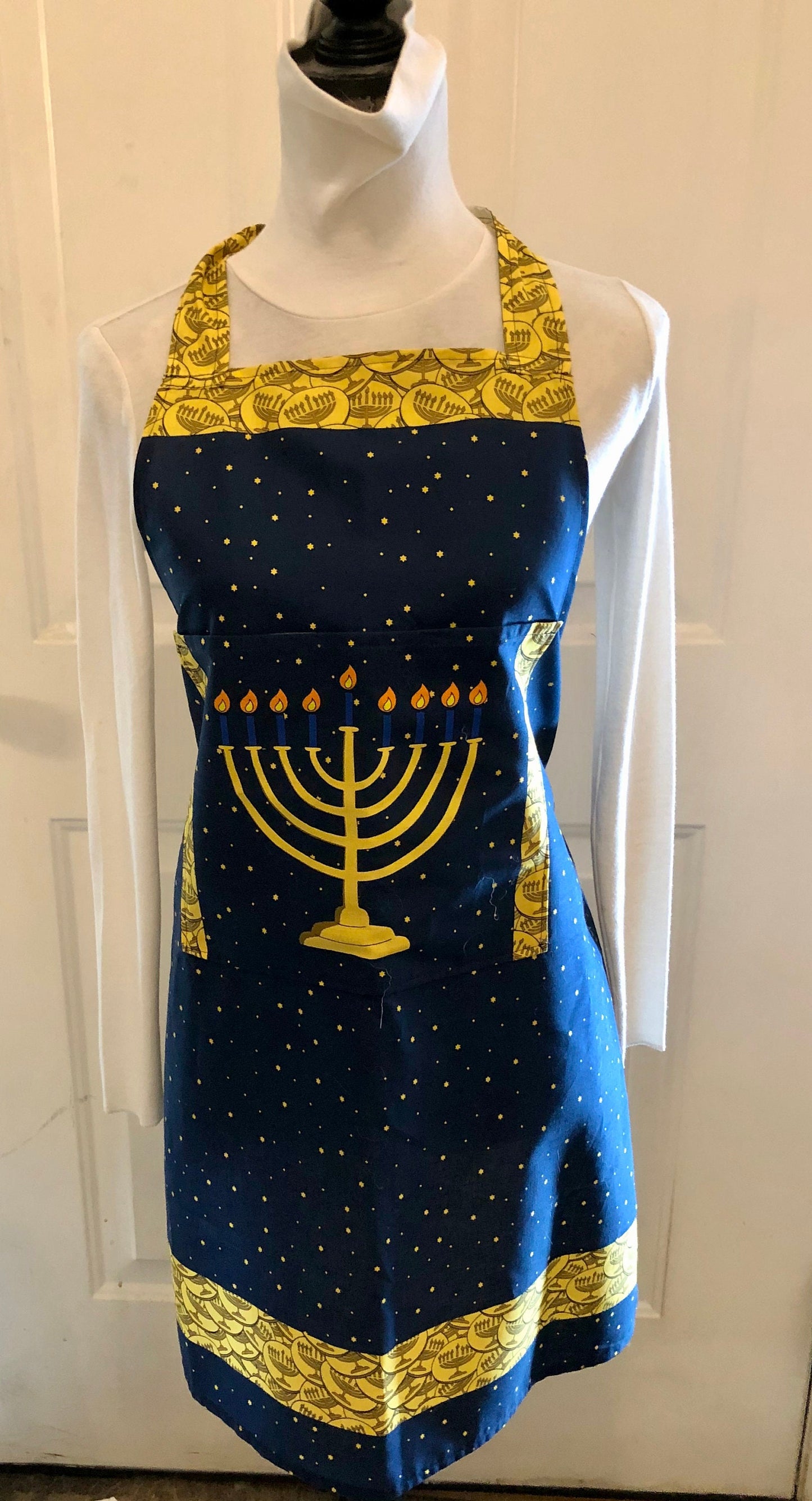 Hanukkah Chanukah Fabric Apron Blue with Menorah on the Pocket and gelt fabric trim