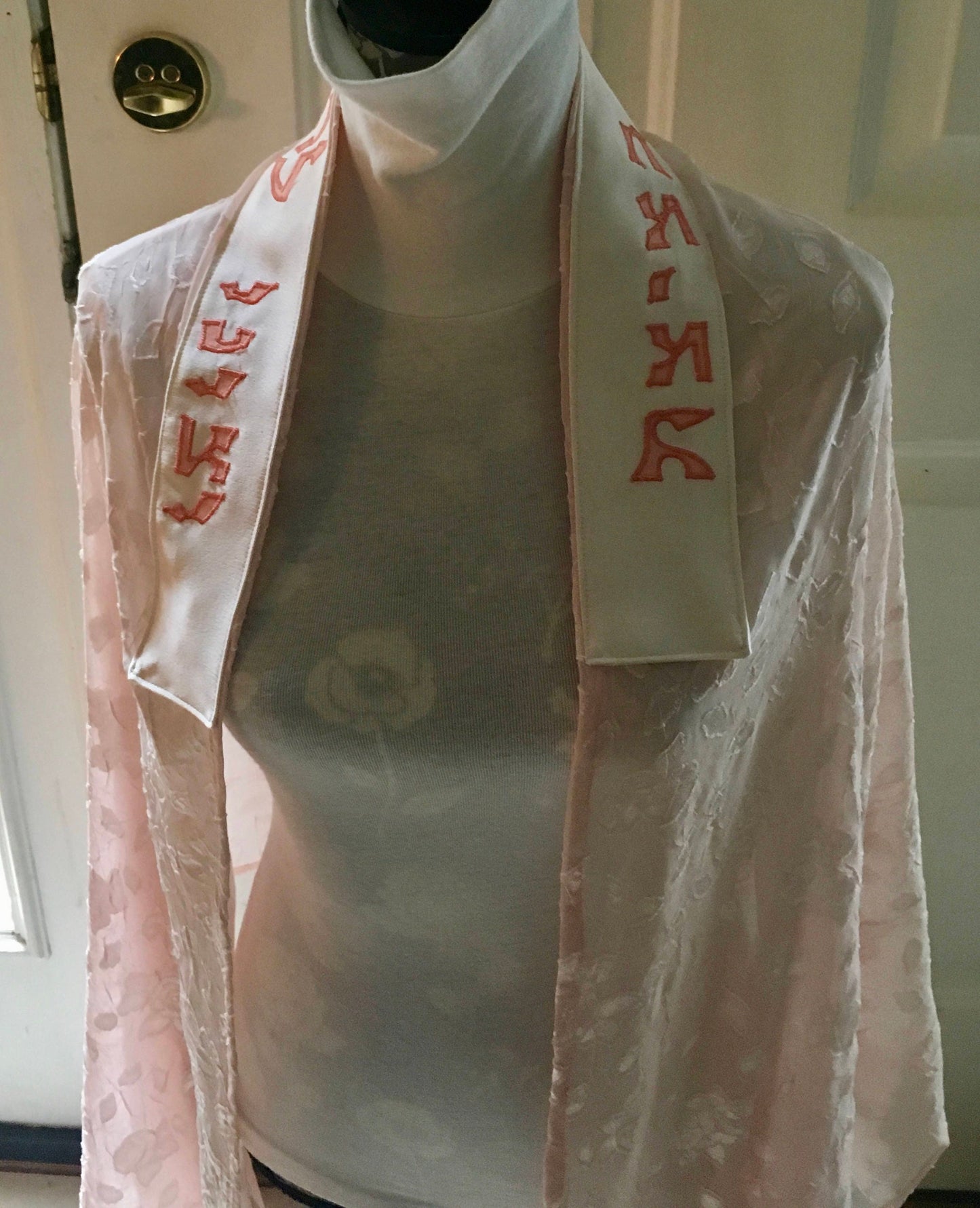 Beautiful, unique TALLIT hand made  shear peach and off white