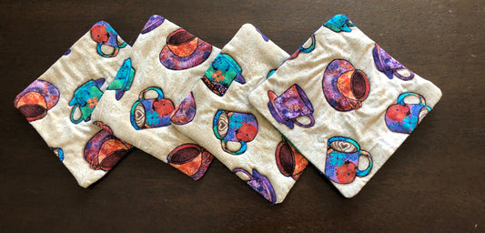 Coasters, Mug Rugs Coffee Tea cups insulated, reversible set of 4