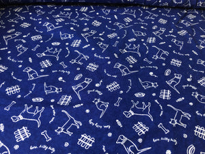 Royal blue knit with dogs and cats print  55" wide 2 3/4 yards