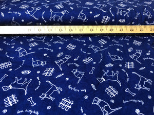 Royal blue knit with dogs and cats print  55" wide 2 3/4 yards