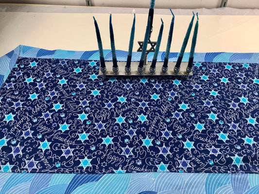 Chanukah Hanukkah Table Runner Reversible Happy Hanukkah and Jewish Stars